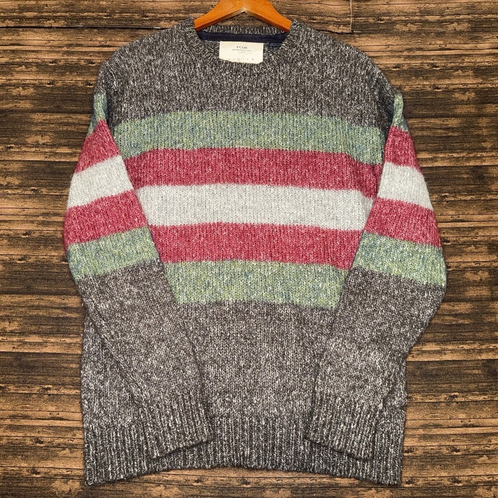 FCUK Sweater Pullover Cotton Wool Blend Y2K Mens Medium Gray Striped Green Red